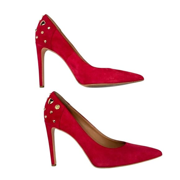 Love Moschino Red Suede Stiletto Pumps Gold Studs Heart 4" Heels Size 41 / US 11 - Picture 3 of 15